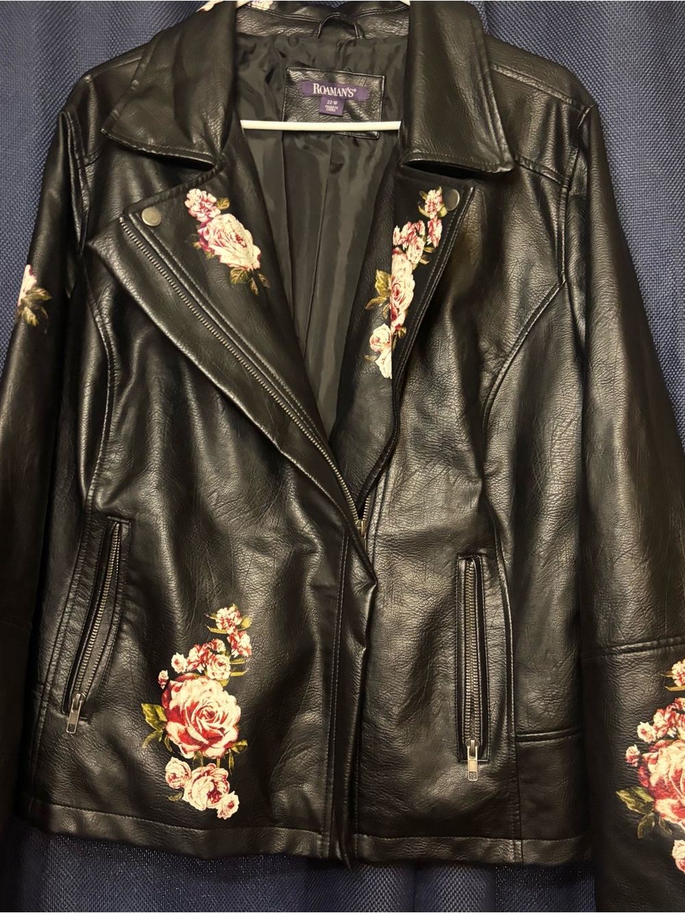 Roamans Floral Faux Leather Moto Jacket Womens 22W Black Rose Plus Size